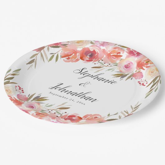 Hochzeitsfeier in pinkfarbenem Pfirsich Pappteller (Schrägansicht)