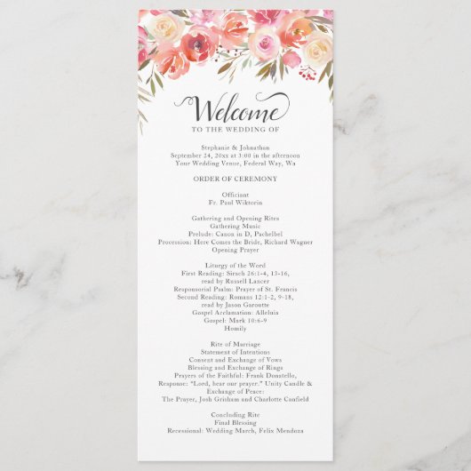 Hochzeitsfeier in pinkfarbenem Pfirsich Programm (Vorderseite)