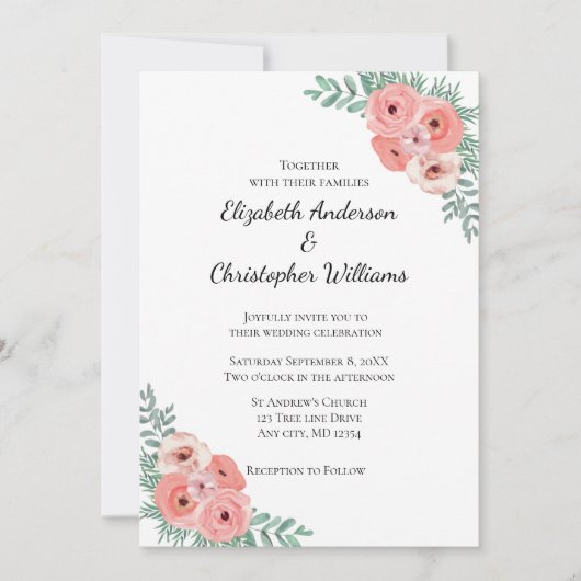 Hochzeitsfeier in Rosa und grüner Flora Einladung (Vorderseite)