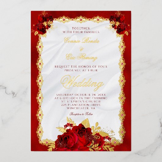 Hochzeitsfeier in Rot und Gold Foil Folieneinladung (Vorderseite)