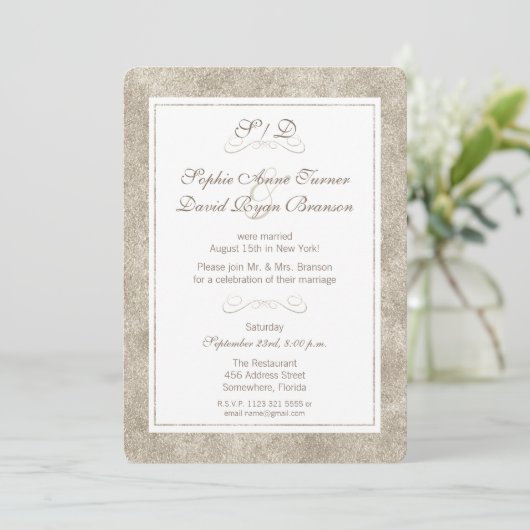 Hochzeitsfeier in Silver and White Border Abend Em Einladung (Stehend Vorderseite)