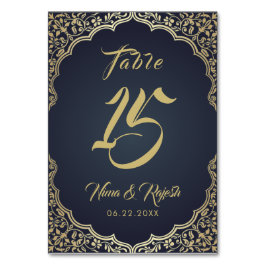 Hochzeitsfeier, indische Hochzeit, Blau, Gold Tischnummer