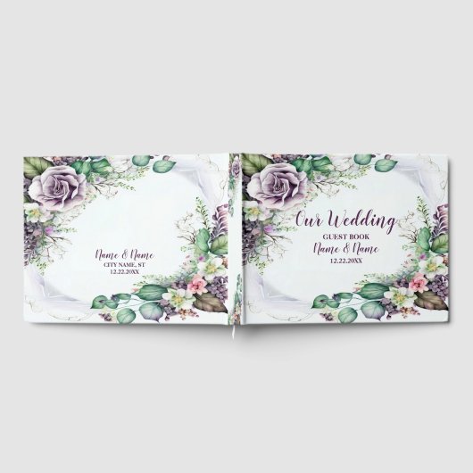 Hochzeitsfeier Lila Blumenblätter Rustikal Gästebuch (Voll)