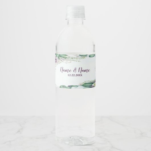 Hochzeitsfeier Lila Blumenblätter Rustikal Wasserflaschenetikett (Vorderseite)