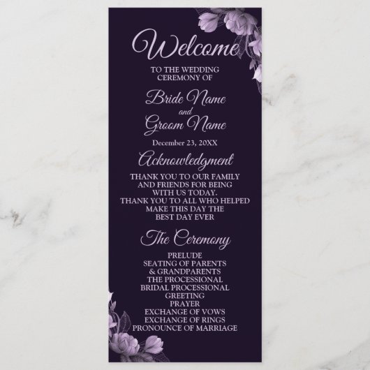 Hochzeitsfeier Lila Blumenmotiv Programm (Vorderseite)