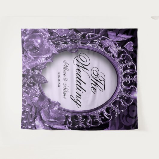 Hochzeitsfeier Lila Blumenrahmen Elegant Modernste Wandteppich (Vorderseite (Horizontal))