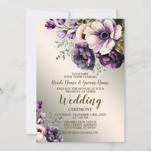 Hochzeitsfeier Lila Rosa Blume Goldene Eleganz Einladung (Vorderseite)