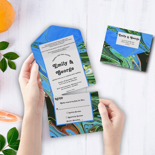 Hochzeitsfeier mit Abstraktem Ölgemälde in Blau All In One Einladung