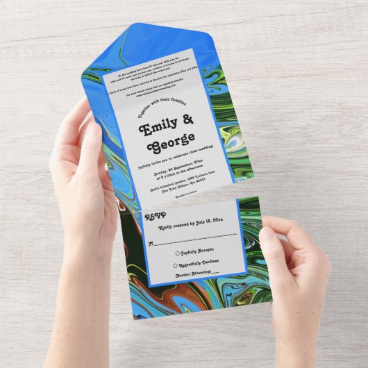 Hochzeitsfeier mit Abstraktem Ölgemälde in Blau All In One Einladung (Abreißen)