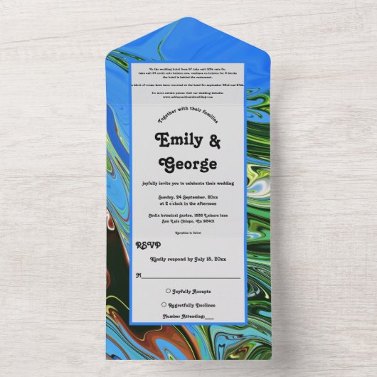 Hochzeitsfeier mit Abstraktem Ölgemälde in Blau All In One Einladung (Innen Boden)