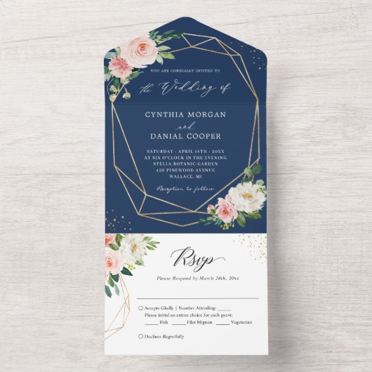 Hochzeitsfeier mit blauem Blütenblättern All In One Einladung (Innen Boden)