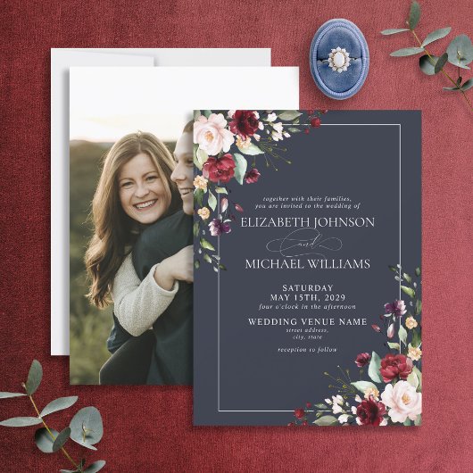 Hochzeitsfeier mit blauem Burgund-Blush-Foto Einladung