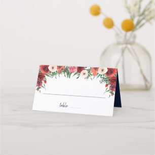 Hochzeitsfeier mit blauem Burgundy Coral Floral Wa Platzkarte