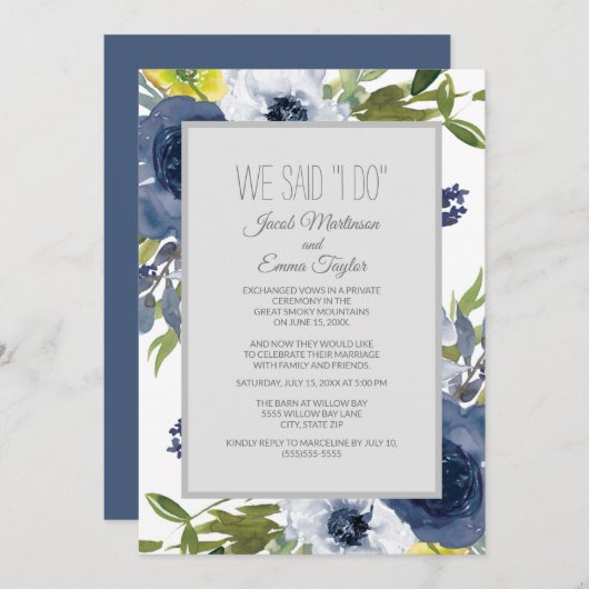 Hochzeitsfeier mit blauem Gelbblütengelb Einladung (Vorne/Hinten)