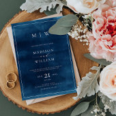 Hochzeitsfeier mit blauem Monogramm und geschliffe Einladung