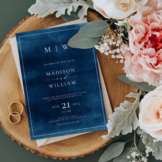 Hochzeitsfeier mit blauem Monogramm und geschliffe Einladung