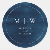 Hochzeitsfeier mit blauem Monogramm und geschliffe Runder Aufkleber (Vorderseite)