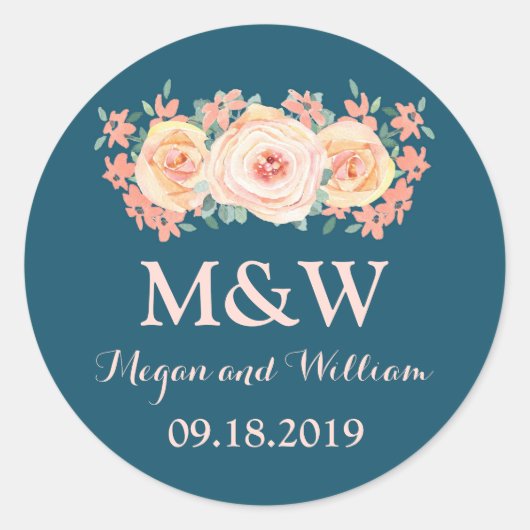 Hochzeitsfeier mit blauem Pfirsichblumen Runder Aufkleber (Vorderseite)