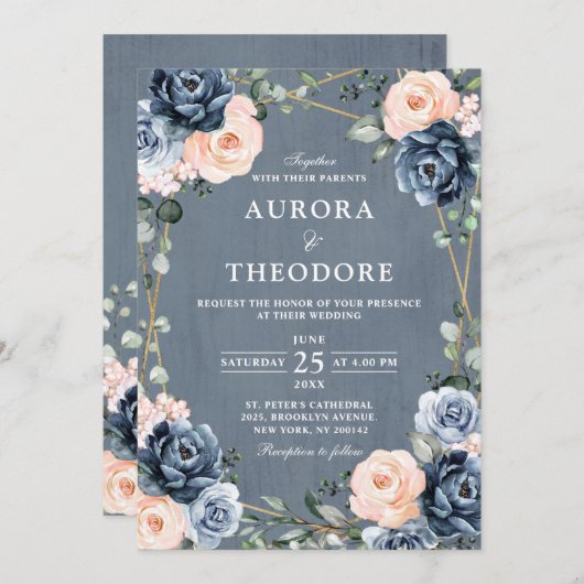 Hochzeitsfeier mit blauem Pfirsichblütenblütenblüt Einladung (Vorne/Hinten)