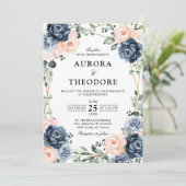 Hochzeitsfeier mit blauem Pfirsichblütenblütenblüt Einladung (Stehend Vorderseite)