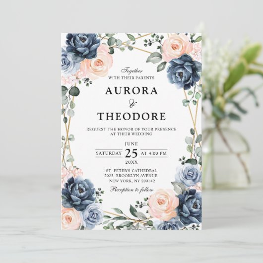 Hochzeitsfeier mit blauem Pfirsichblütenblütenblüt Einladung (Stehend Vorderseite)