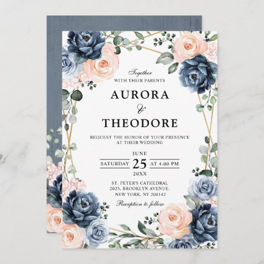 Hochzeitsfeier mit blauem Pfirsichblütenblütenblüt Einladung (Vorne/Hinten)