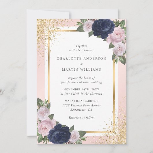 Hochzeitsfeier mit blauem Rosa Einladung (Vorderseite)