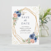 Hochzeitsfeier mit blauem Rosenrot Save The Date (Stehend Vorderseite)