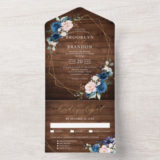 Hochzeitsfeier mit blauem Rost, rustikales Holz All In One Einladung (Innen Boden)