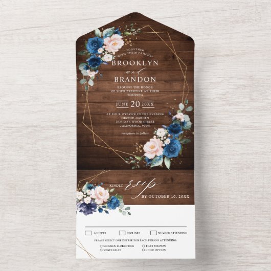 Hochzeitsfeier mit blauem Rost, rustikales Holz All In One Einladung (Innen Boden)