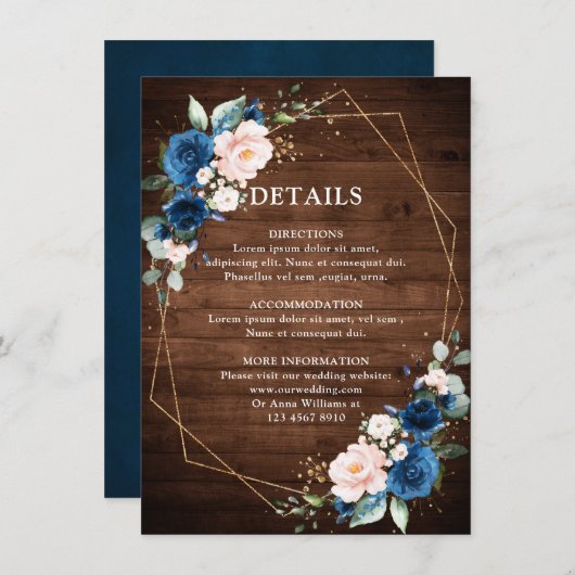 Hochzeitsfeier mit blauem Rost, rustikales Holz Begleitkarte (Vorne/Hinten)