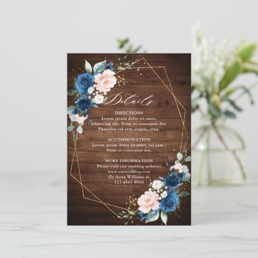 Hochzeitsfeier mit blauem Rost, rustikales Holz Begleitkarte (Stehend Vorderseite)