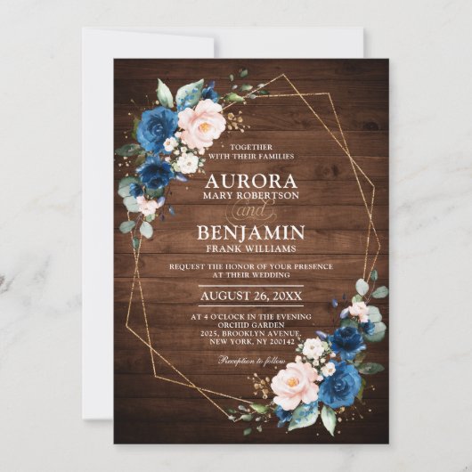 Hochzeitsfeier mit blauem Rost, rustikales Holz Einladung (Vorderseite)