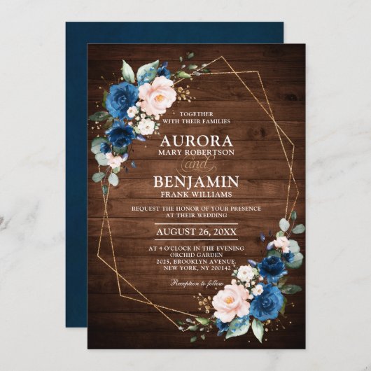 Hochzeitsfeier mit blauem Rost, rustikales Holz Einladung (Vorne/Hinten)