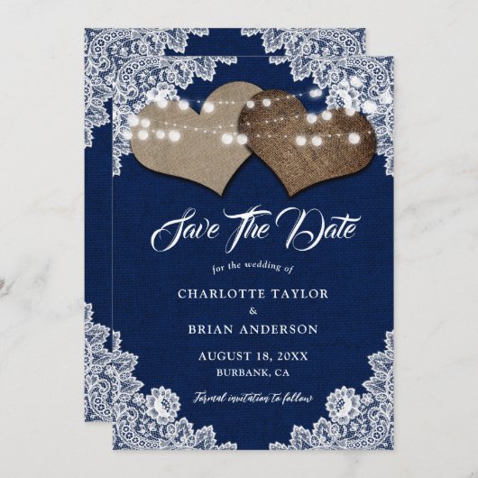 Hochzeitsfeier mit blauem Rustikal Save The Date (Vorne/Hinten)