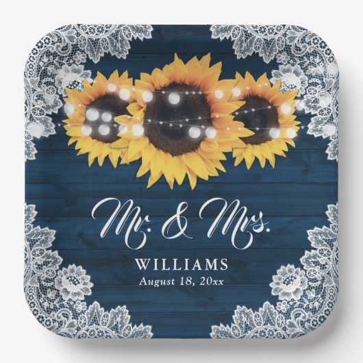 Hochzeitsfeier mit blauem, rustikalem Holz Pappteller (Vorderseite)