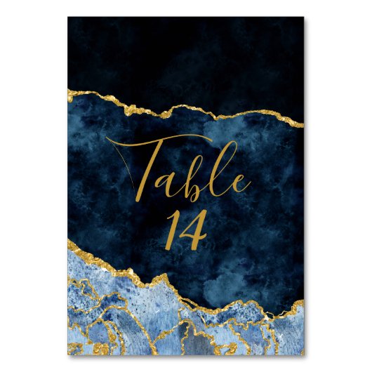 Hochzeitsfeier mit blauem und goldenem Foil-Agate Tischnummer (Rückseite)