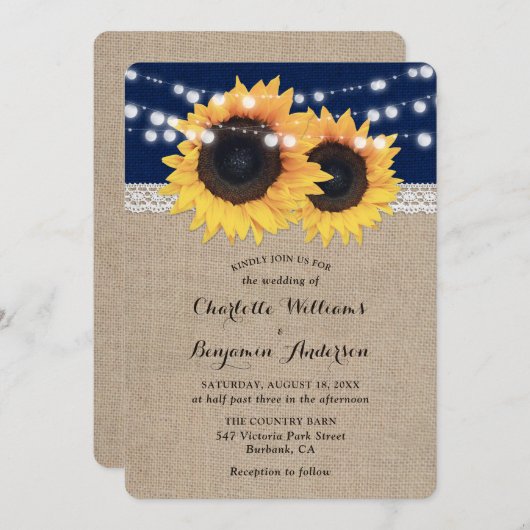 Hochzeitsfeier mit blauen Burlap-String-Lichtern Einladung (Vorne/Hinten)