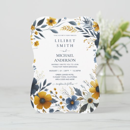 Hochzeitsfeier mit blauen Gelbgolden Einladung (Stehend Vorderseite)