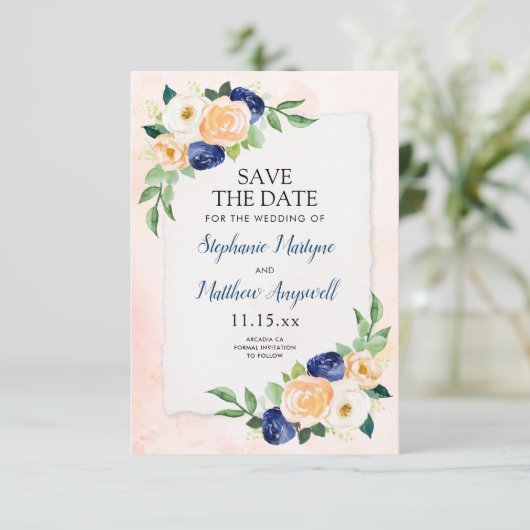 Hochzeitsfeier mit blauen Pfirsichkorallen Save The Date (Stehend Vorderseite)