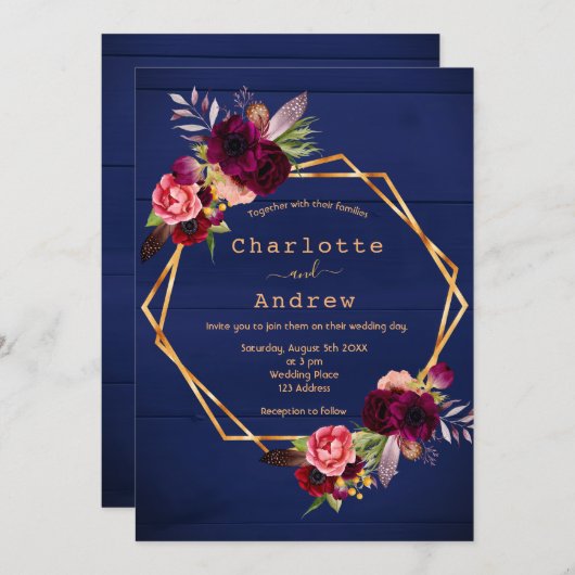 Hochzeitsfeier mit blauen, rustikalen Wänden und b Einladung (Vorne/Hinten)