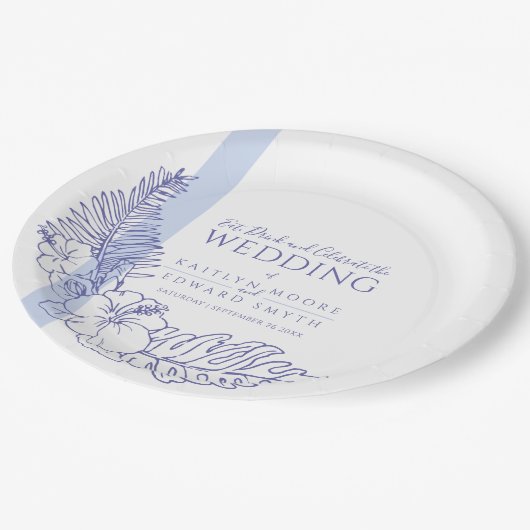 Hochzeitsfeier mit blauen tropischen Botanica-Lini Pappteller (Schrägansicht)