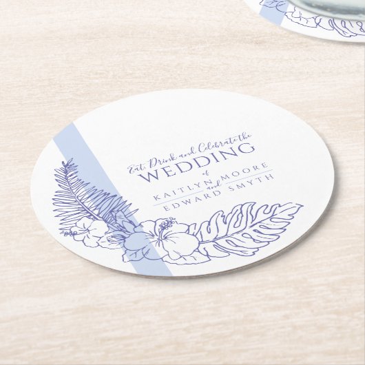 Hochzeitsfeier mit blauen tropischen Botanica-Lini Runder Pappuntersetzer (Angewinkelt)