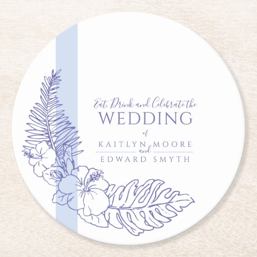Hochzeitsfeier mit blauen tropischen Botanica-Lini Runder Pappuntersetzer (Vorderseite)