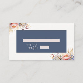 Hochzeitsfeier mit blauen und blütenrosa Wasserfar Platzkarte