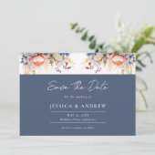 Hochzeitsfeier mit blauen und blütenrosa Wasserfar Save The Date (Stehend Vorderseite)