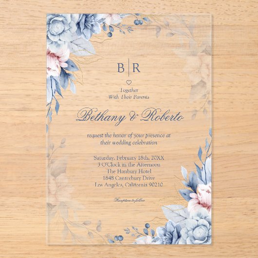 Hochzeitsfeier mit Blauen und goldenen Wasserfarbe Acryleinladungen (Vorderseite)