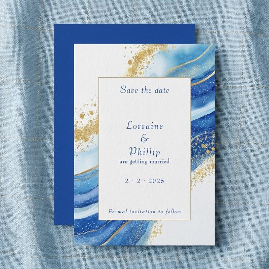 Hochzeitsfeier mit Blauen und goldenen Wasserfarbe Save The Date