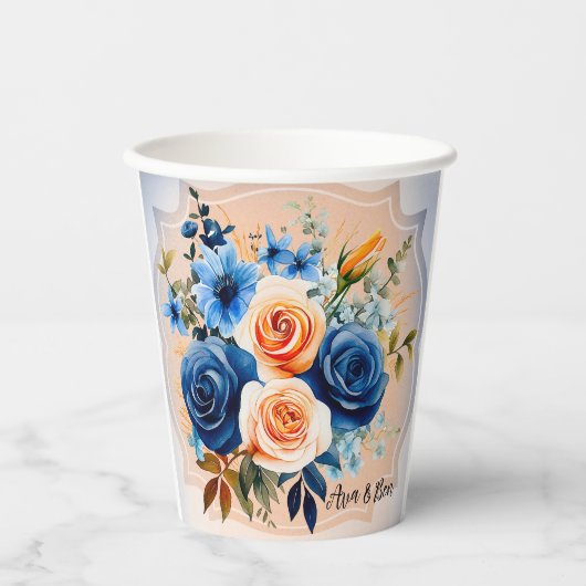 Hochzeitsfeier mit blauen und pfirsichfarbenen Blu Pappbecher (Vorderseite)
