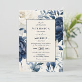 Hochzeitsfeier mit blauen und weißen Blumen Einladung (Stehend Vorderseite)